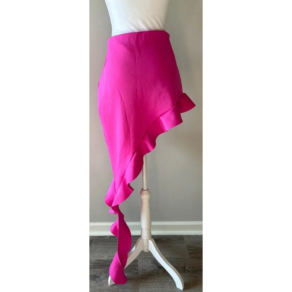 Kikiriki Fuchsia Pink‎ Asymmetrical Ruffle Mini Skirt High Low Bodycon Party L
